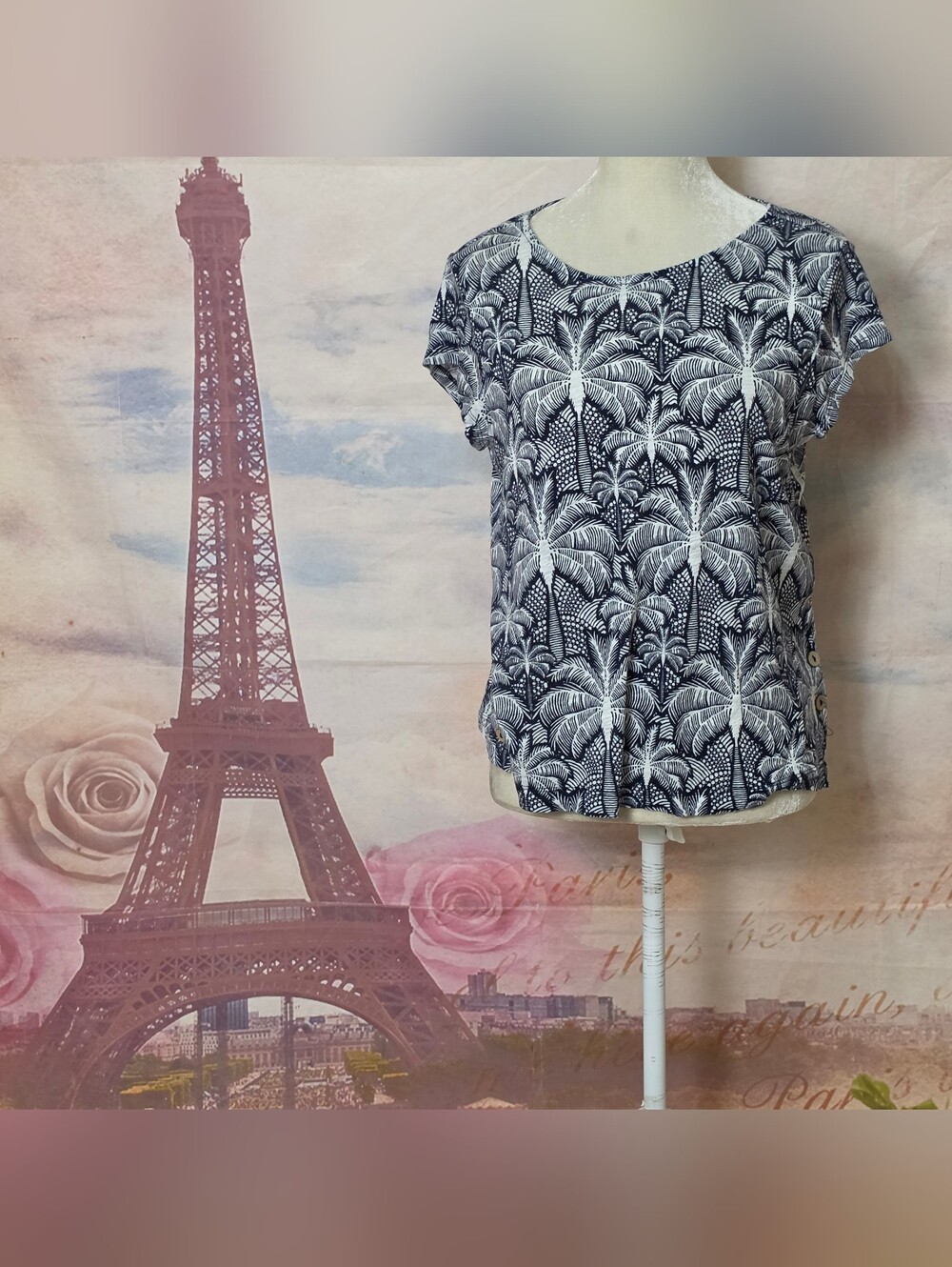 C&C California Black & White Palm-Print Short Sleeve Top Linen Blend Sz L